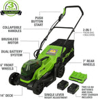Greenworks 48V 14" Brushless Cordless Electric Lawn Mower, Leaf Blower, String Trimmer, Hedge Trimmer, Work Light, Fan, (2) 4.0Ah Batteries and Rapid Charger