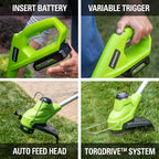 Greenworks 48V 14" Brushless Cordless Electric Lawn Mower, Leaf Blower, String Trimmer, Hedge Trimmer, Work Light, Fan, (2) 4.0Ah Batteries and Rapid Charger