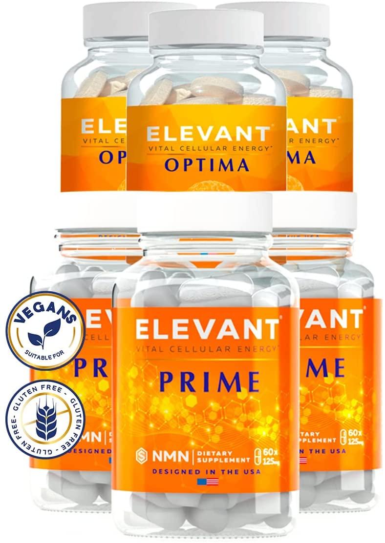 Elevant Prime + Optima NMN Supplement | Boosting Bundle for Optimal NAD Levels | 3rd Party Tested, Ultra-Pure, More Direct Than NR | Nicotinamide Mononucleotide | 180 Capsules + 180 Tablets, 125 MG