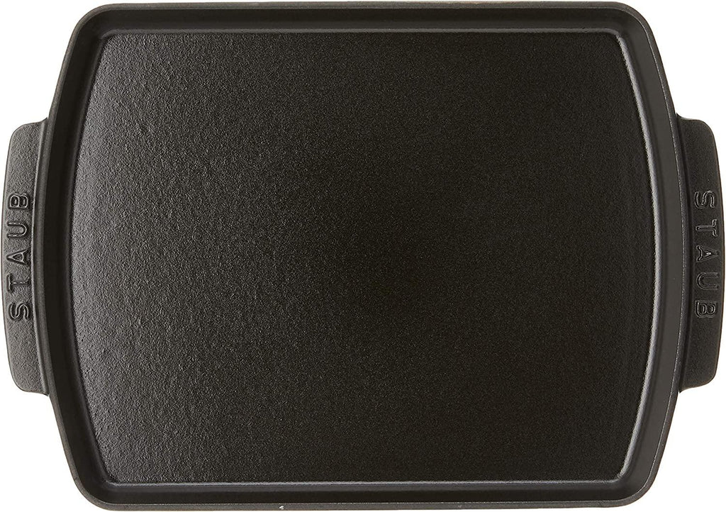 Staub Cast Iron 13 x 9-inch Rectangular Serving Dish with Wood Base - Matte Black, Made in France
