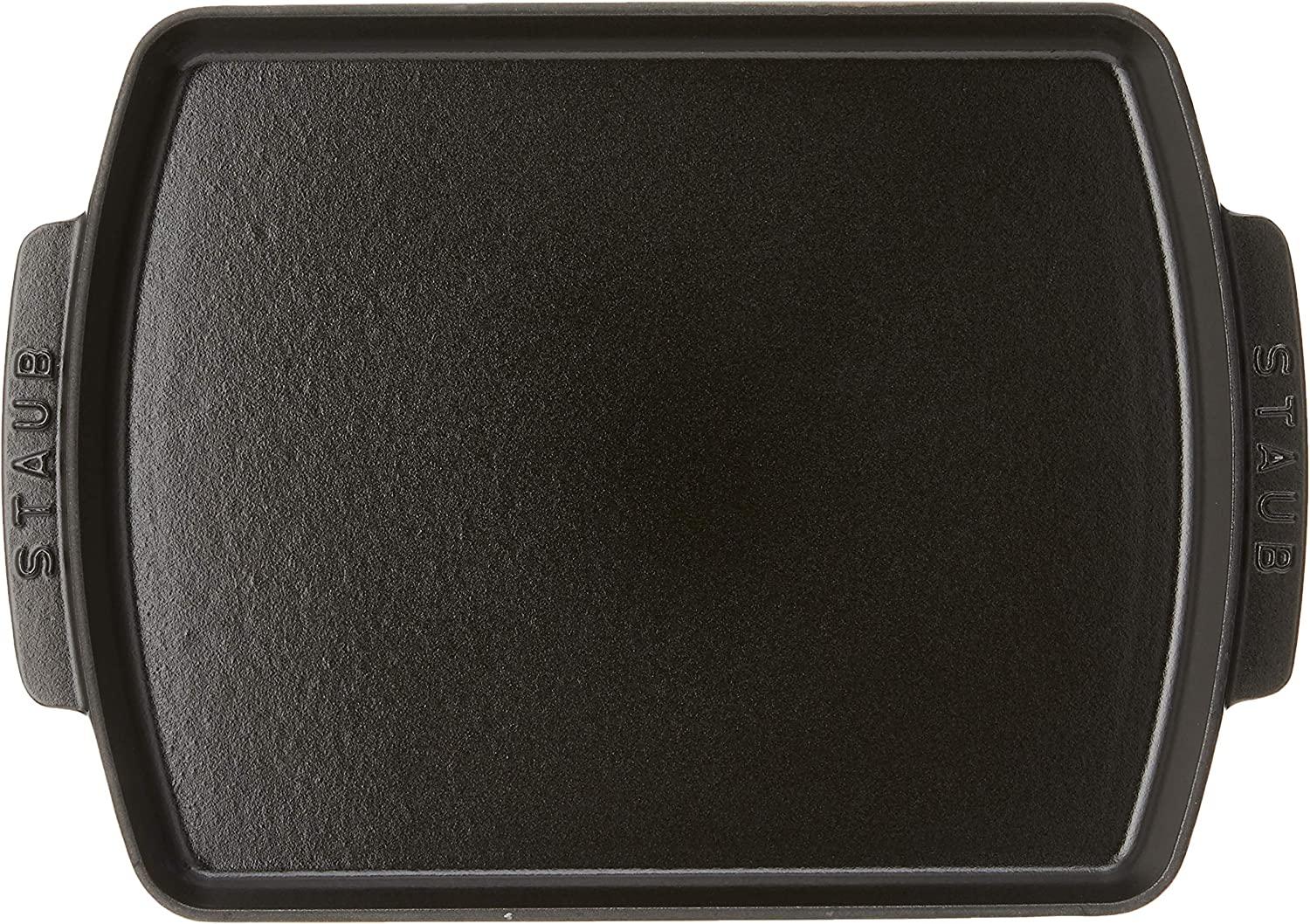 Staub Cast Iron 13 x 9-inch Rectangular Serving Dish with Wood Base - Matte Black, Made in France