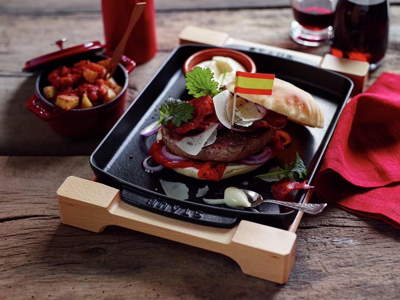 Staub Cast Iron 13 x 9-inch Rectangular Serving Dish with Wood Base - Matte Black, Made in France