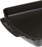 Staub Cast Iron 13 x 9-inch Rectangular Serving Dish with Wood Base - Matte Black, Made in France