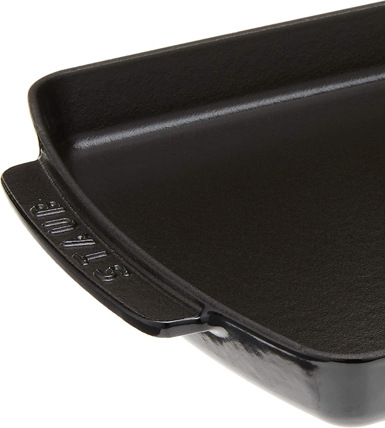 Staub Cast Iron 13 x 9-inch Rectangular Serving Dish with Wood Base - Matte Black, Made in France