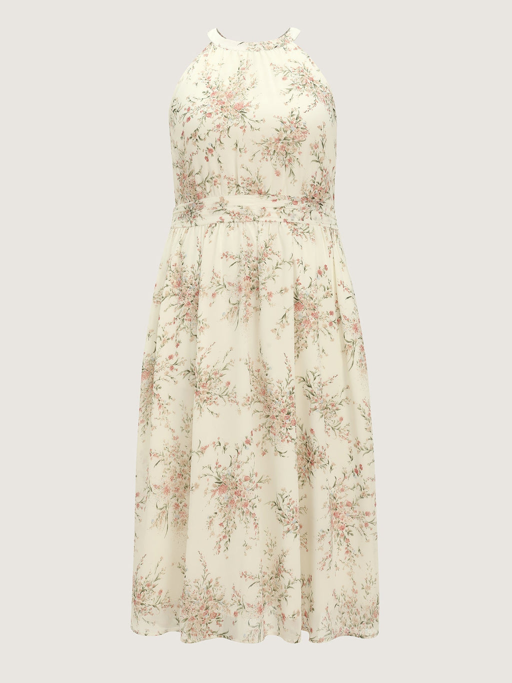 Floral Mix Halter Neckline Shirred Maxi Dress