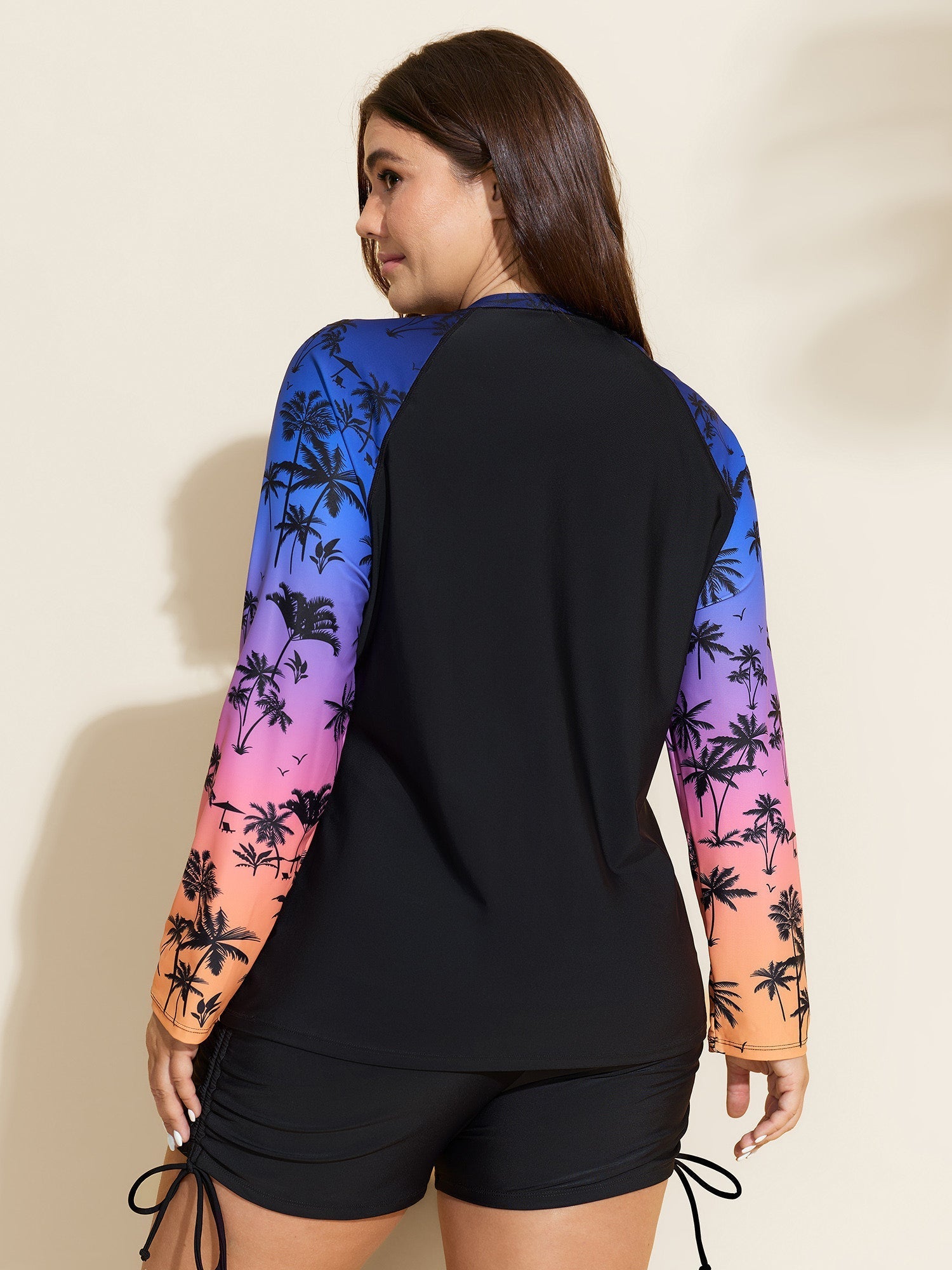 Tropical Color Contrast Print Zipper Front Swim Top