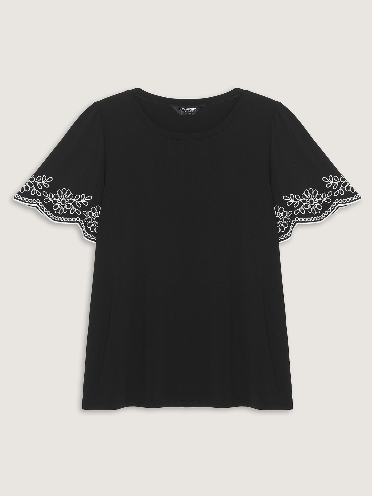 Stretchy Embroidered Sleeve Plain T-Shirt