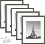 upsimples 11x14 Picture Frame Set of 5, Display Pictures 8x10 with Mat or 11x14 Without Mat,Wall Gallery Photo Frames, Metallic Gray