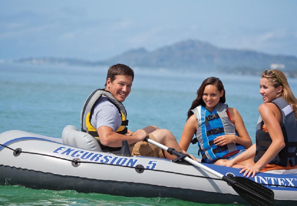 Excursion 5 Person Inflatable Boat Set w/ 2 Oars, Air Pump &amp; Bag (2 Pack)