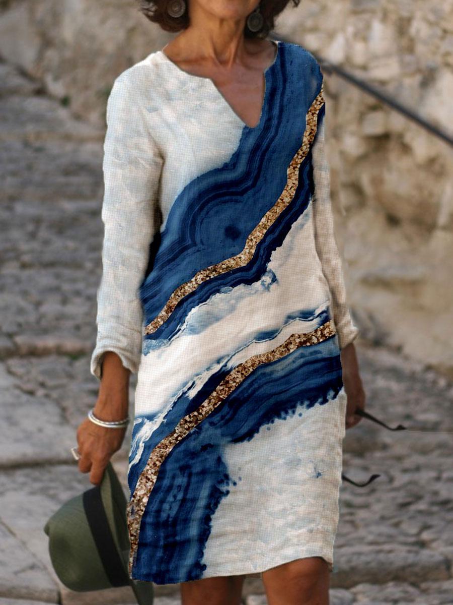 Colorblock Printed Long Sleeve Casual V-neck Shift Dress