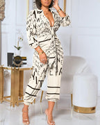 Letter Print Collared Plunging Neck Tie Front Ruched Jumpsuit