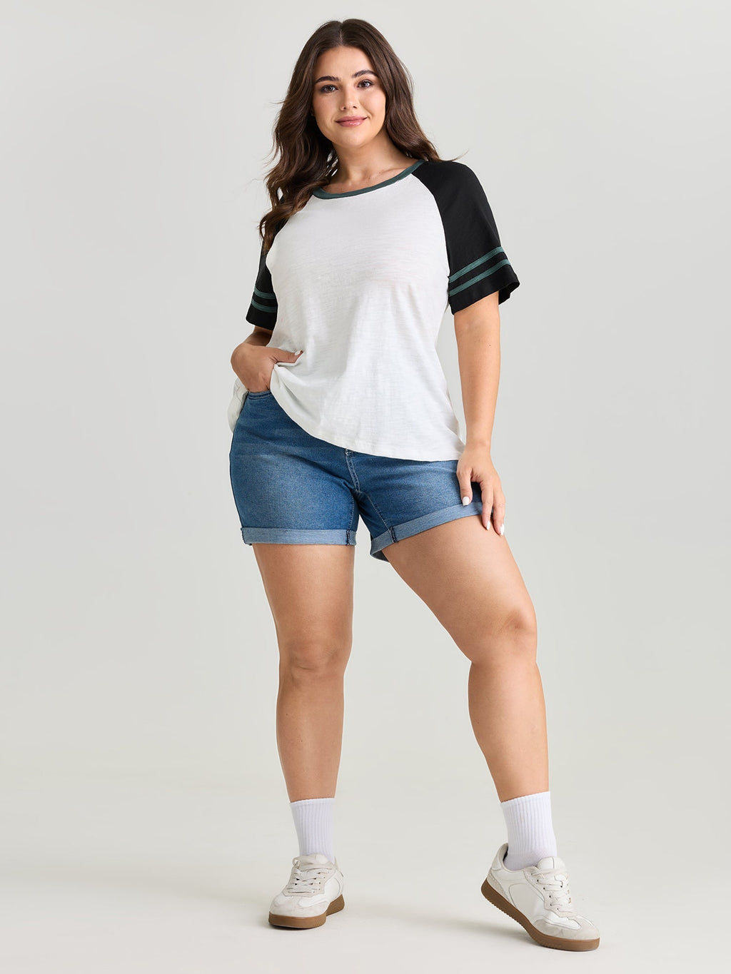 Cotton Stretchy Raglan Color Contrast Sleeve T-Shirt