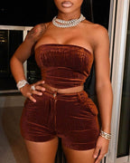 Corduroy Bandeau Crop Top &amp; Pocket Design Shorts Set