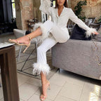 Feather Deatails Pajamas Elegant Suit