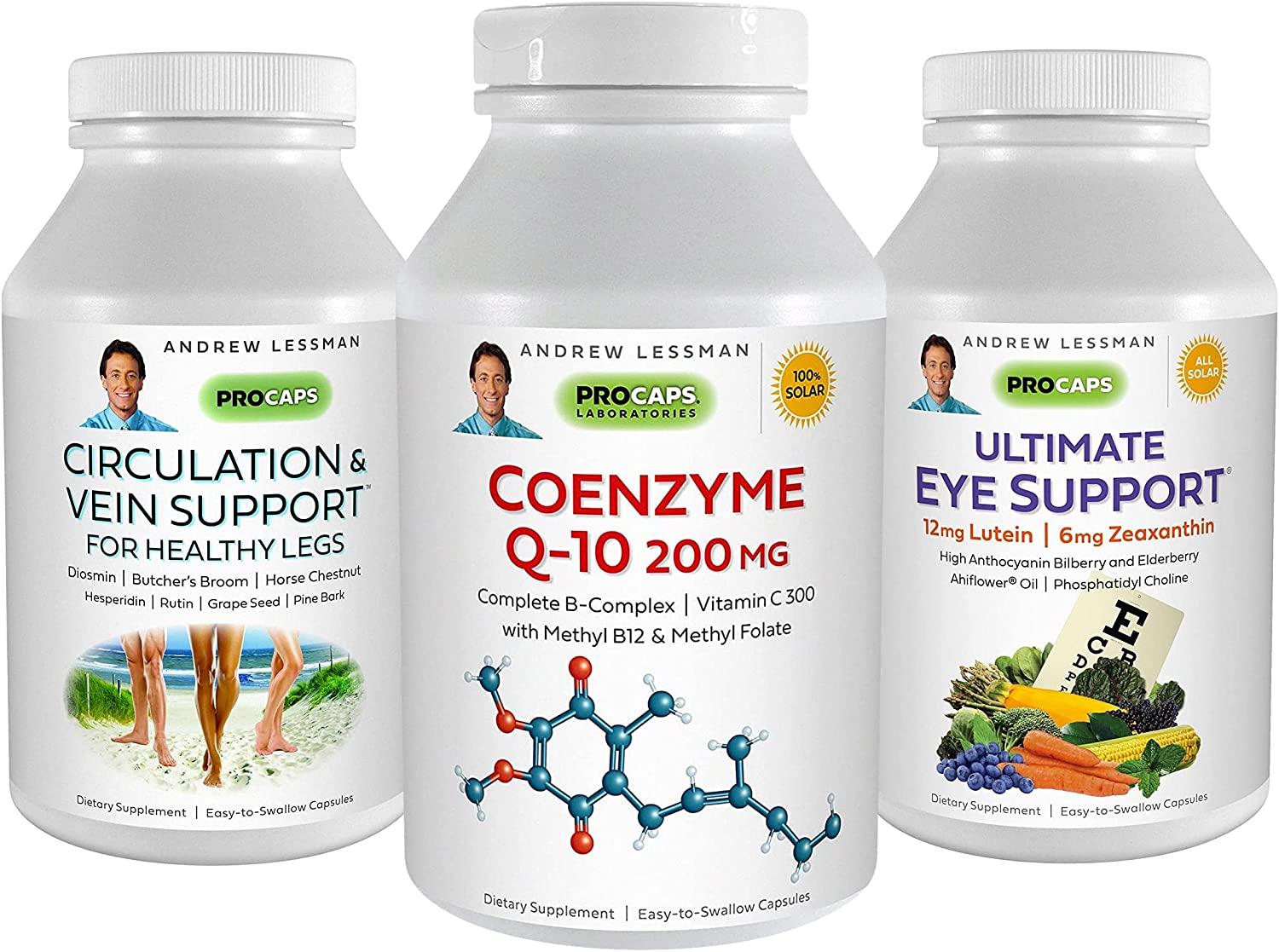 Andrew Lessman Aging Support Bundle – 360 Count Each of Coenzyme Q-10, Circulation & Vein Support and Ultimate Eye Support. Promotes Energy Production, Healthy Circulation and Eye Health.
