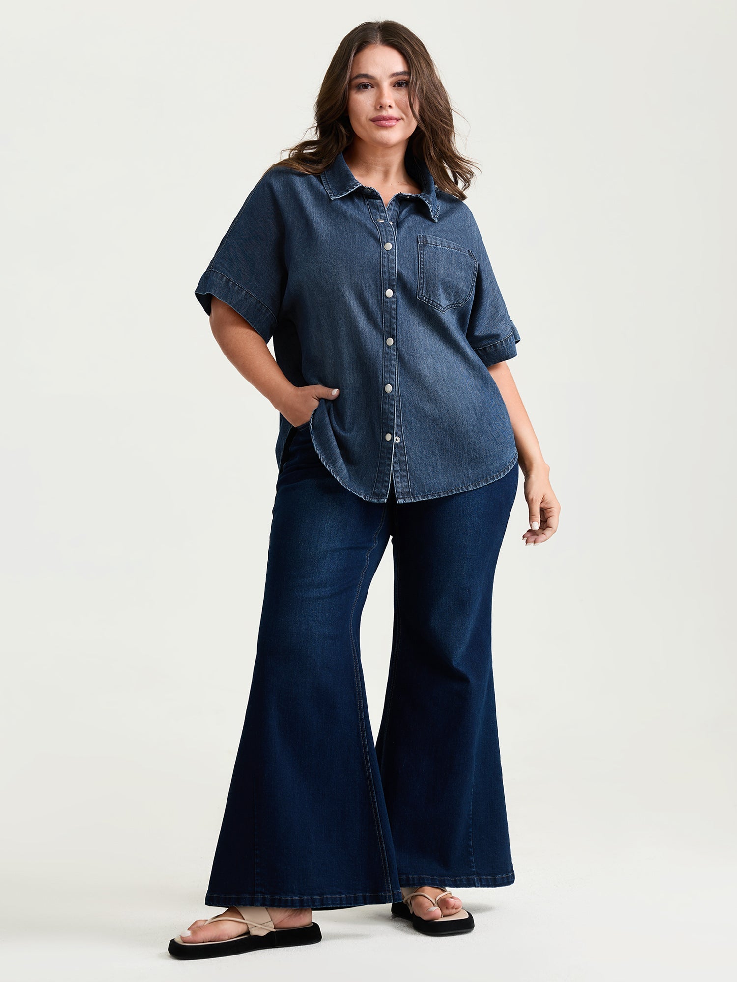 Button Detail Collar Pocket Denim Top