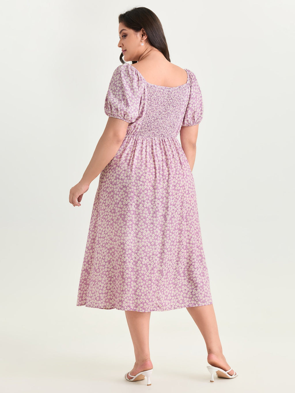 Ditsy Floral Print Cinched Waist Midi Dress