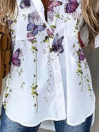 Lapel Floral Print Long-Sleeved Ladies Shirt