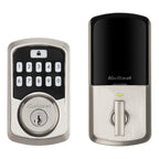 Aura Satin Nickel Single Cylinder Electronic Bluetooth Keypad Smart Lock Deadbolt featuring SmartKey Security