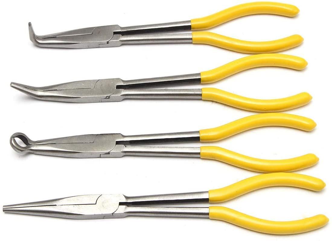 LFDHSF Pliers Tool 4Pcs 11 inch Bent Mechanic Equipment Hand Tool Set Extra Long Nose Pliers Straight Pliers Tool