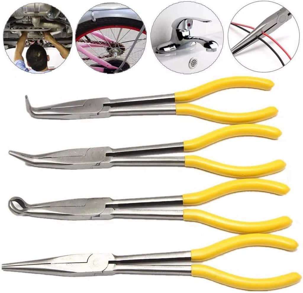 LFDHSF Pliers Tool 4Pcs 11 inch Bent Mechanic Equipment Hand Tool Set Extra Long Nose Pliers Straight Pliers Tool