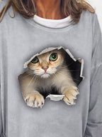 Round Neck Cat Print Loose Stitching Pullover Sweatshirt