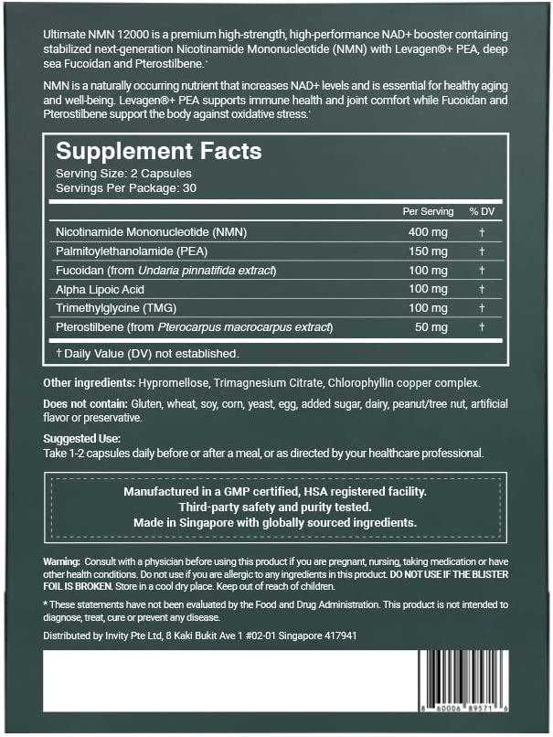 Invity Ultimate NMN 12000 with Levagen® + Pea, Fucoidan, TMG, Alpha Lipoic Acid and Pterostilbene - Instant Energy Boost, Healthy Metabolism, Joint Comfort, Immune Support