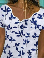 V-neck Leaf Print Loose Short-sleeved T-shirt