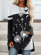 Fashion Dandelion Print Round Neck Long Sleeve Casual T-shirt