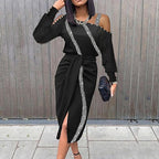 Fashion Sequin Print Off-shoulder Slit Midi Dress Women