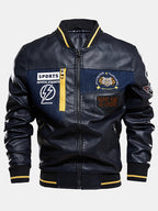 mens pu leather casual fleece lined thick varsity jacket with badges