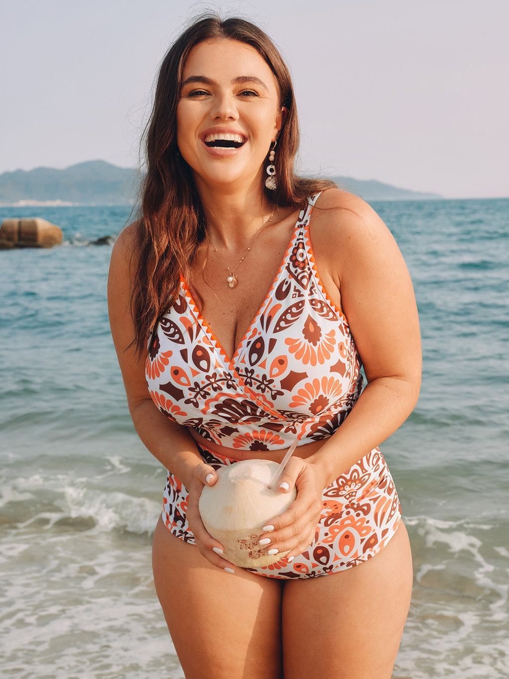 Geometric Embroidered Surplice Neckline Swim Top