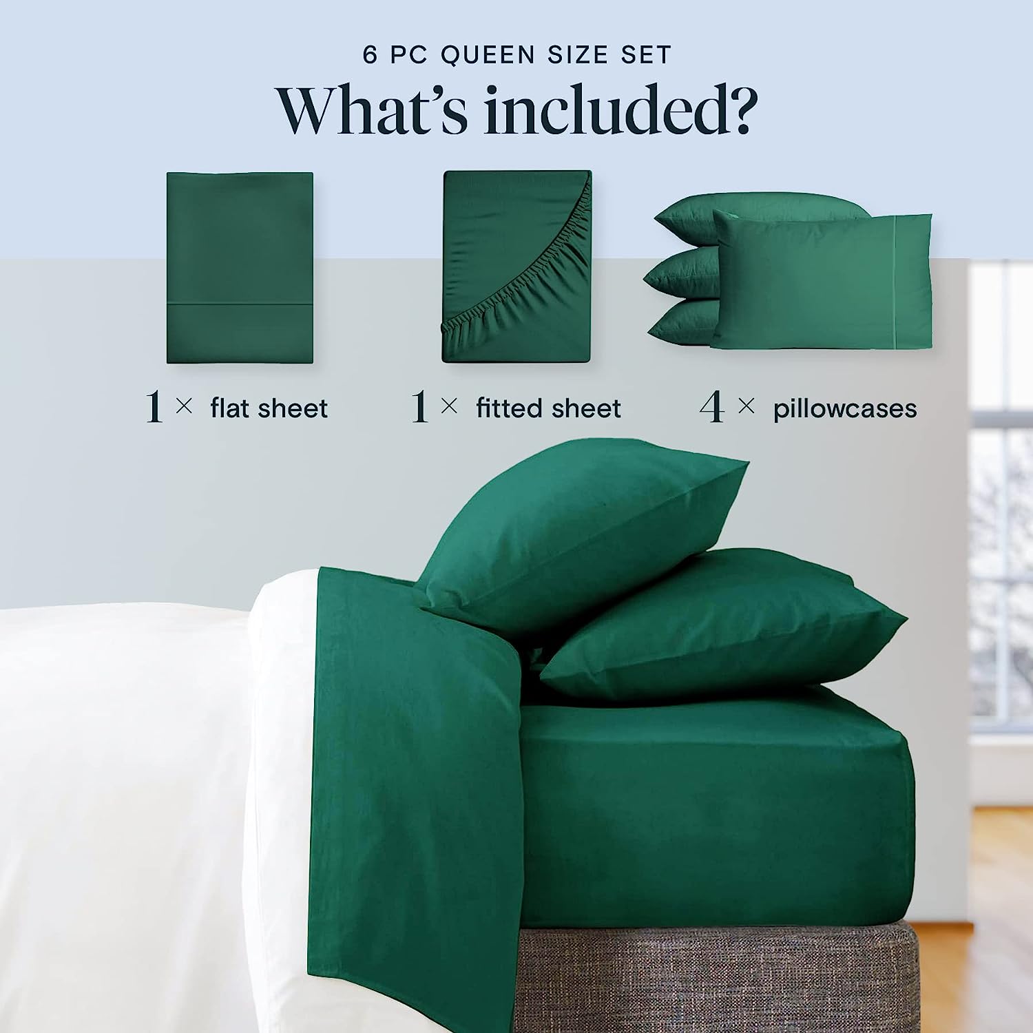 LuxClub 6 PC Full Size Sheet Set Bamboo Sheets Deep Pockets 18" Eco Friendly Wrinkle Free Cooling Sheets Machine Washable Hotel Bedding Silky Soft - Emerald Full