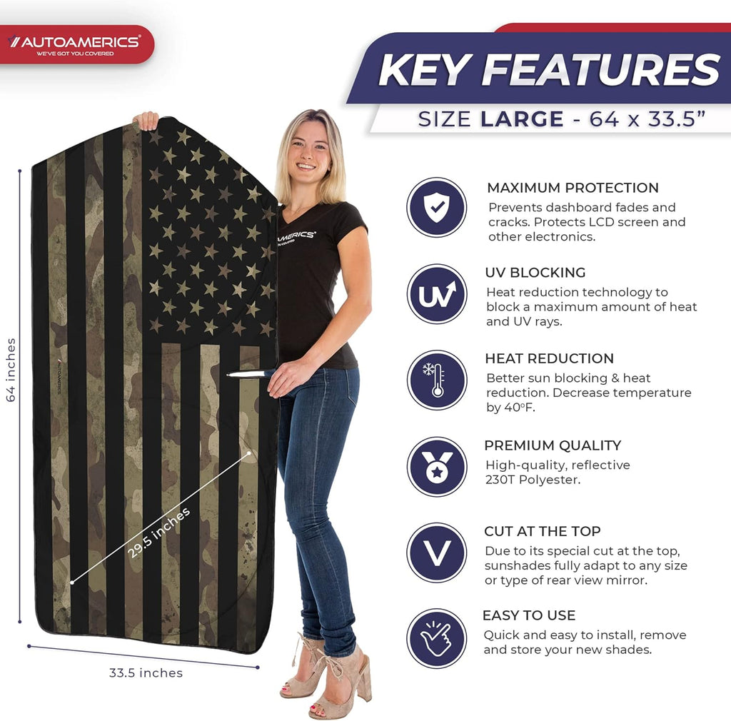 Autoamerics 1-Piece Windshield Sun Shade Dark Camo American Flag USA  - Foldable Car Front Window Sunshade for Most Sedans SUV Truck - Blocks Max UV Rays and Keeps Your Vehicle Cool - Large
