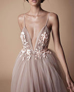 elegant spaghetti strap organza flower wedding dress