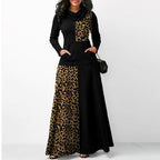 Ladies Casual Long Sleeve High Neck Loose Stitching Leopard Dress