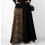 Ladies Casual Long Sleeve High Neck Loose Stitching Leopard Dress
