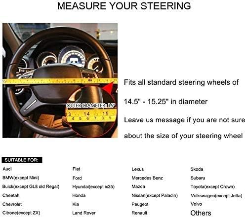 Valleycomfy Steering Wheel Covers Universal 15 inch - Genuine Leather, Breathable, Anti Slip &amp; Odor (White Line, M(14" 1/2-15" 1/4))