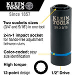 Milwaukee (MLW 2853-22) M18 Fuel 1/4IN Hex Impact Driver XC Kit & Klein Tools 66001 2-in-1 Impact Socket, Socket Wrench Sizes 3/4-Inch and 9/16-Inch Hex, 12-Point Deep Socket with 1/2-Inch Drive