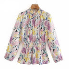 mock neck shirred waist ruffle blouse
