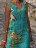 Ladies V-neck Map Print Fashion Shift Dress