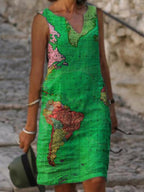Ladies V-neck Map Print Fashion Shift Dress