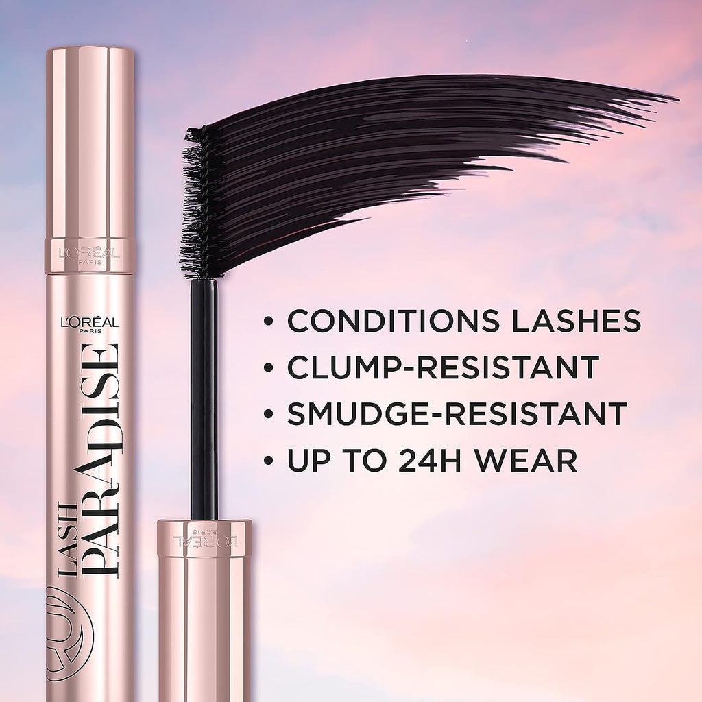 L'Oreal Paris Voluminous Makeup Lash Paradise Mascara, Voluptuous Volume, Intense Length, Feathery Soft Full Lashes, No Flaking, No Smudging, No Clumping, Blackest Black, 1 Count, Packaging May Vary