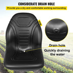 Universal Lawn Tractor Seat Replacement, Compact High Back Mower Seat, Black Vinyl Forklift Seat, Central Drain Hole Skid Steer Seat with Mounting Bolt Patterns of 8" x 11.5" & 11.25" x 11.5"