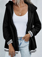 Fashion Striped Stitching Long-sleeved Hooded Plush Casual Coat