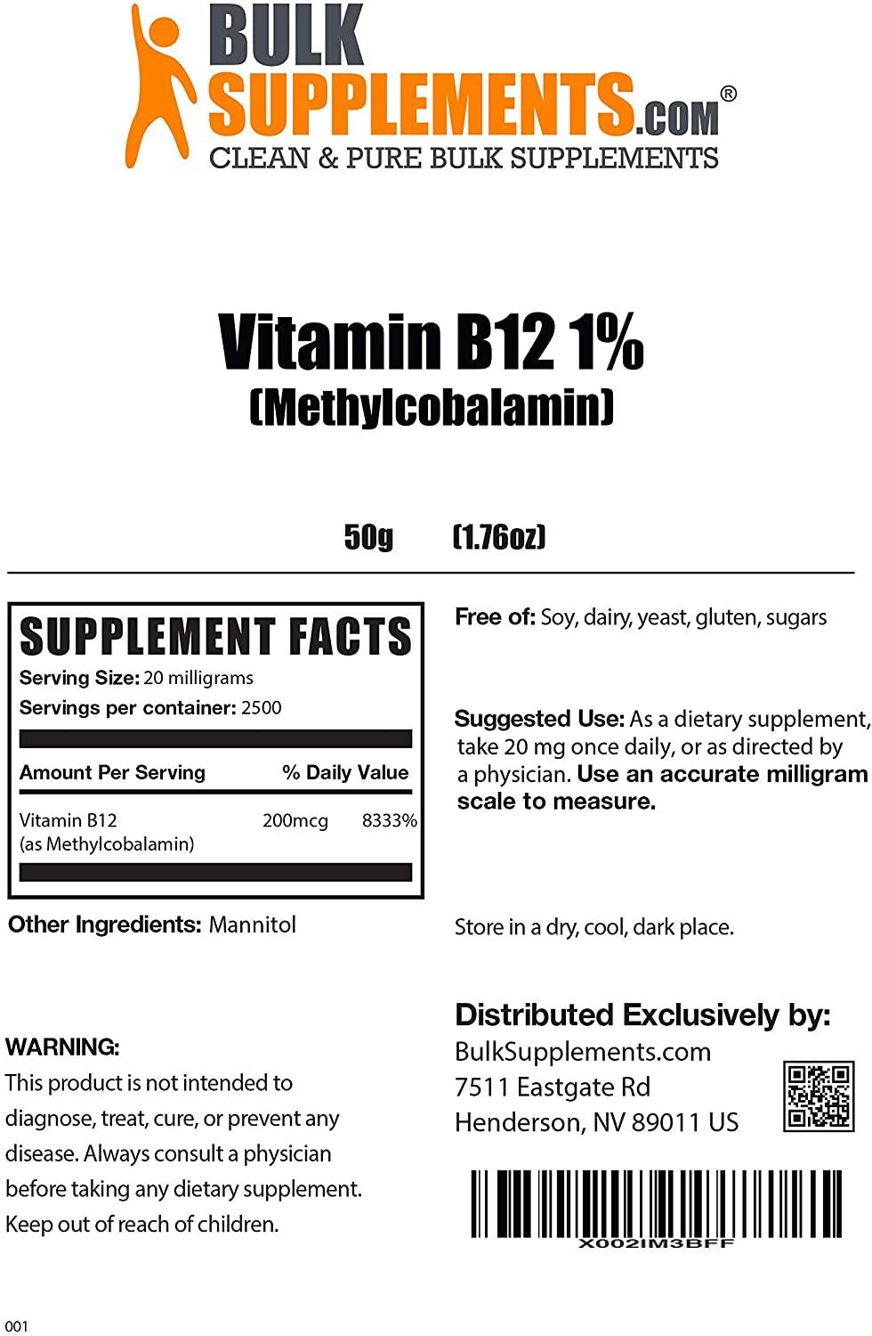 BulkSupplements.com Pure Methylcobalamin (Vitamin B12) Powder - B12 Methylcobalamin 200 mcg - Methylcobalamin B12 - Energy Vitamins (50 Grams - 1.8 oz)