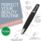 Tweezer Guru Tweezers for Women - 2pc Slant Pointed Precision Tweezers for Eyebrows &amp; Ingrown Hair Removal - Blackhead and Splinter Tweezer with Sharp Needle Nose Point for Plucking (Black +Bold Blue)