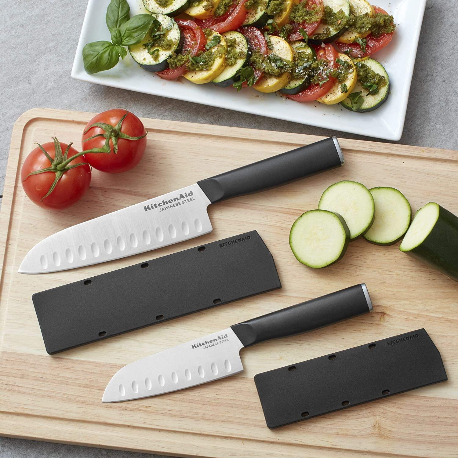 KitchenAid Classic 2 Piece Santoku Knife Set with Custom-Fit Blade Cover, 7-inch, 5-inch, Sharp Kitchen Knife, High-Carbon Japanese Stainless Steel Blades, Black