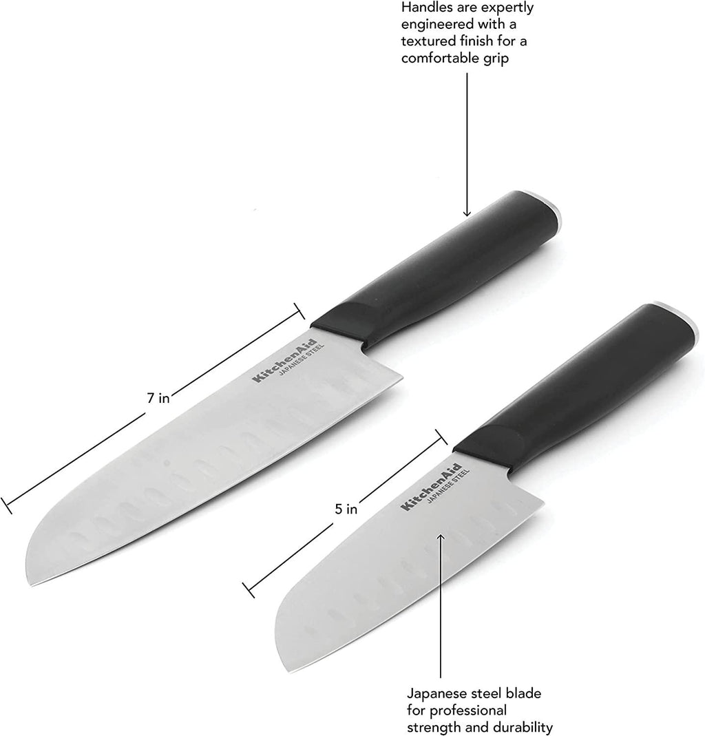 KitchenAid Classic 2 Piece Santoku Knife Set with Custom-Fit Blade Cover, 7-inch, 5-inch, Sharp Kitchen Knife, High-Carbon Japanese Stainless Steel Blades, Black