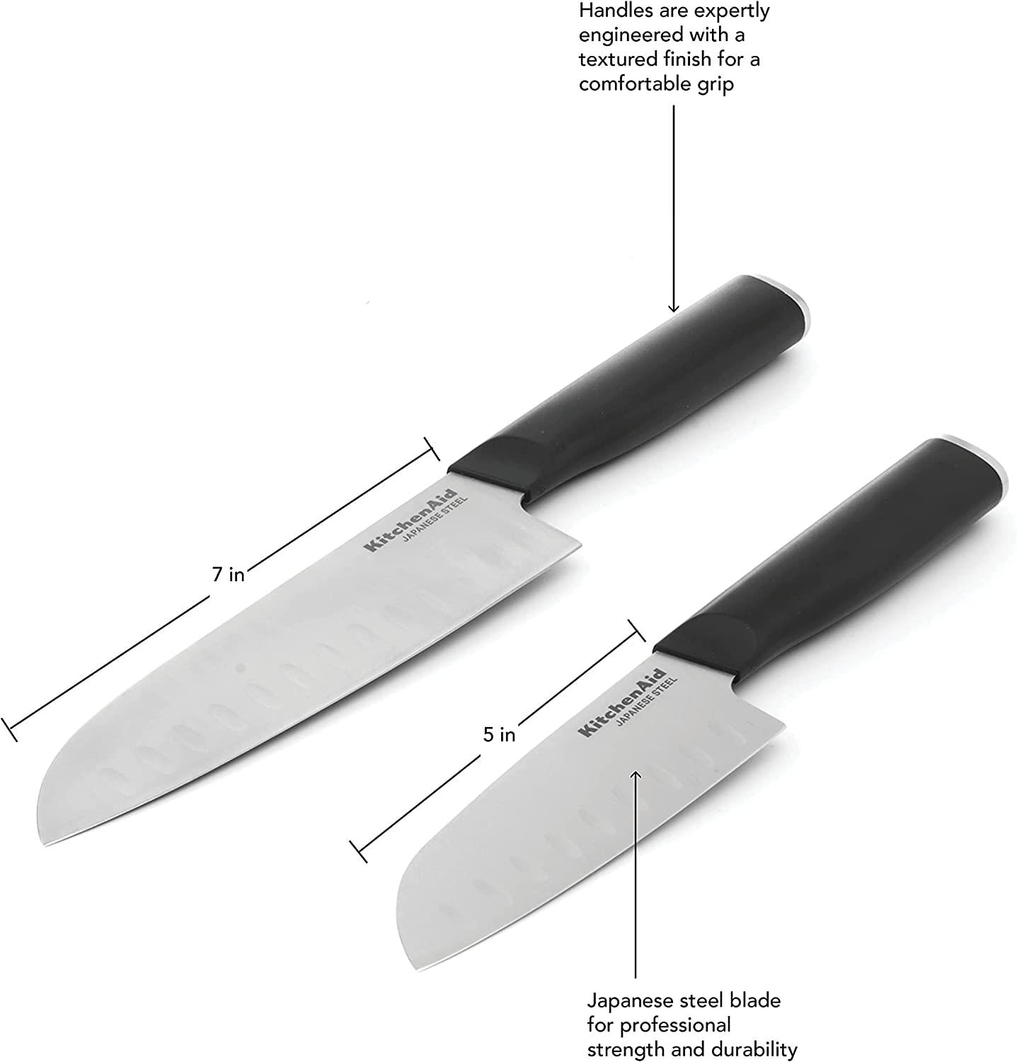 KitchenAid Classic 2 Piece Santoku Knife Set with Custom-Fit Blade Cover, 7-inch, 5-inch, Sharp Kitchen Knife, High-Carbon Japanese Stainless Steel Blades, Black